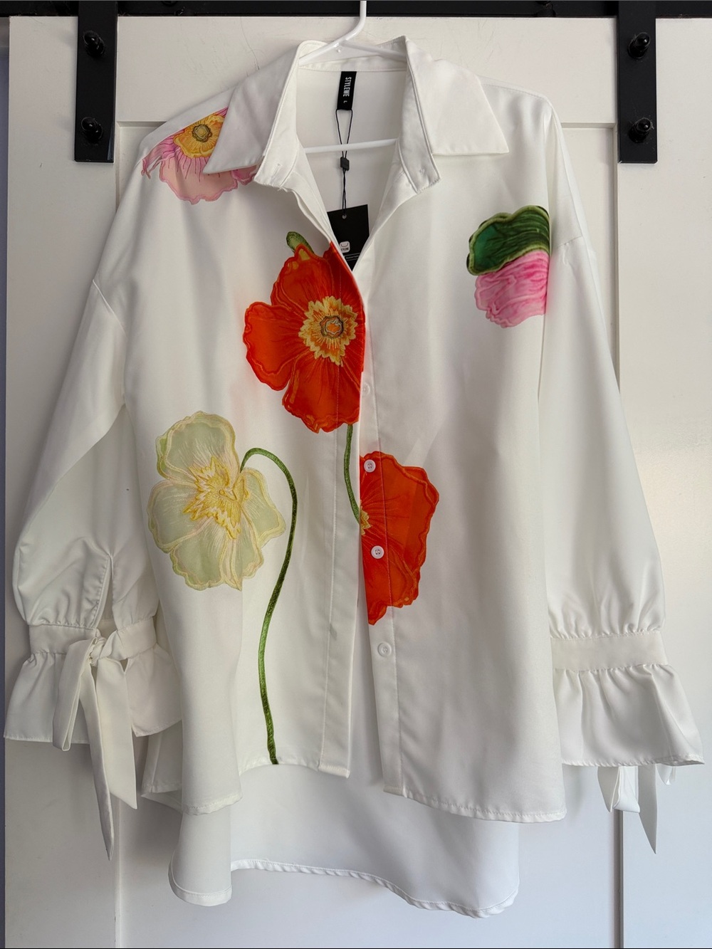 STYLEWE White Blouse with Red & Pink Floral Embroidery